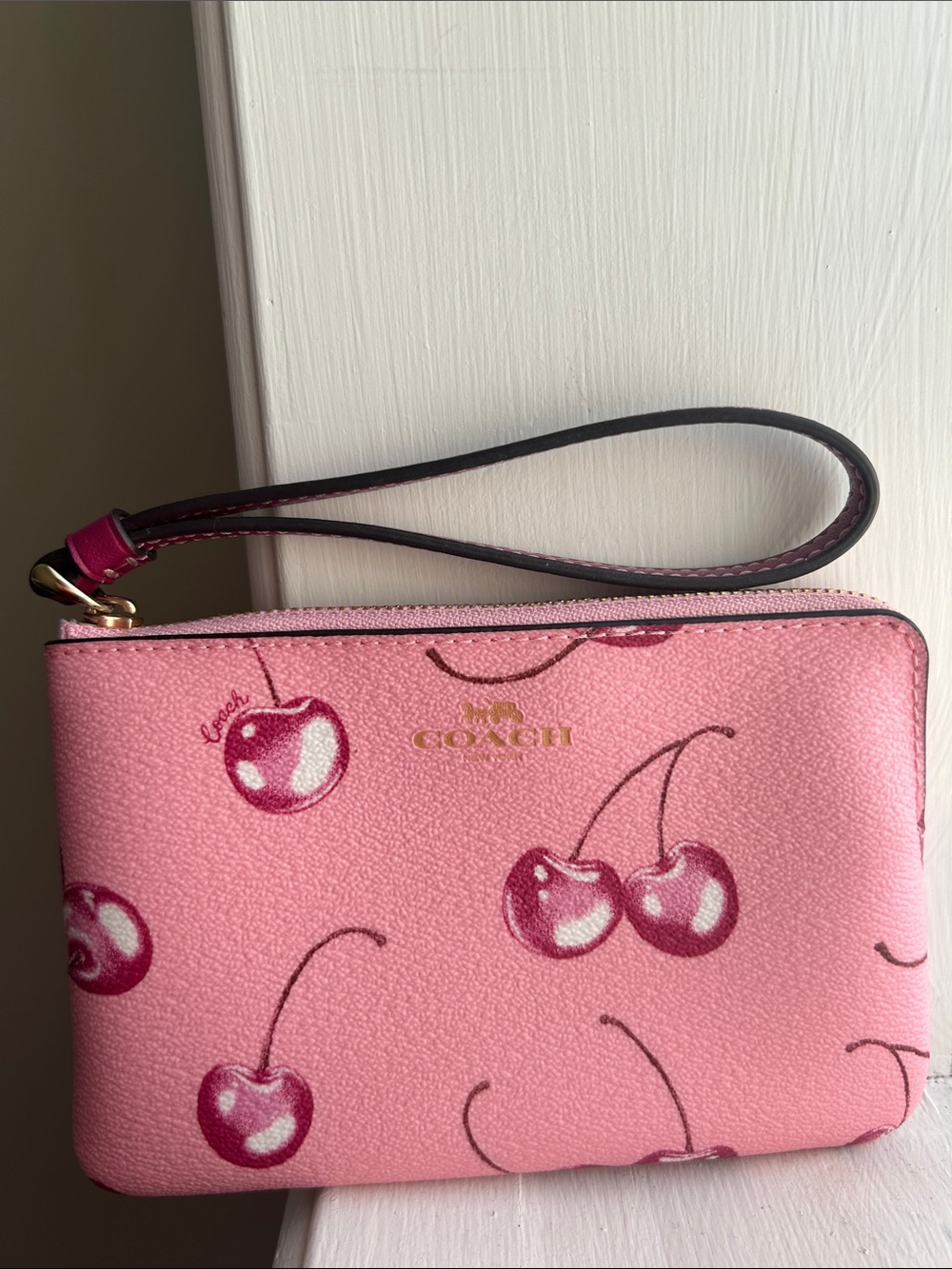NWOT Coach Corner Zip Wristlet w/ Cherry Print, Pink/Gold - Picture 6 of 8